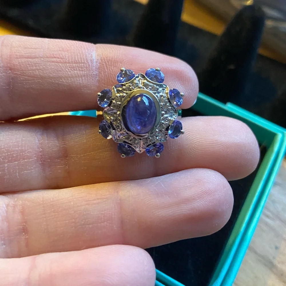 Sterling 925 Cabochon Tanzanite & Diamond Statement Cocktail Ring Size 7 - Picture 8 of 14